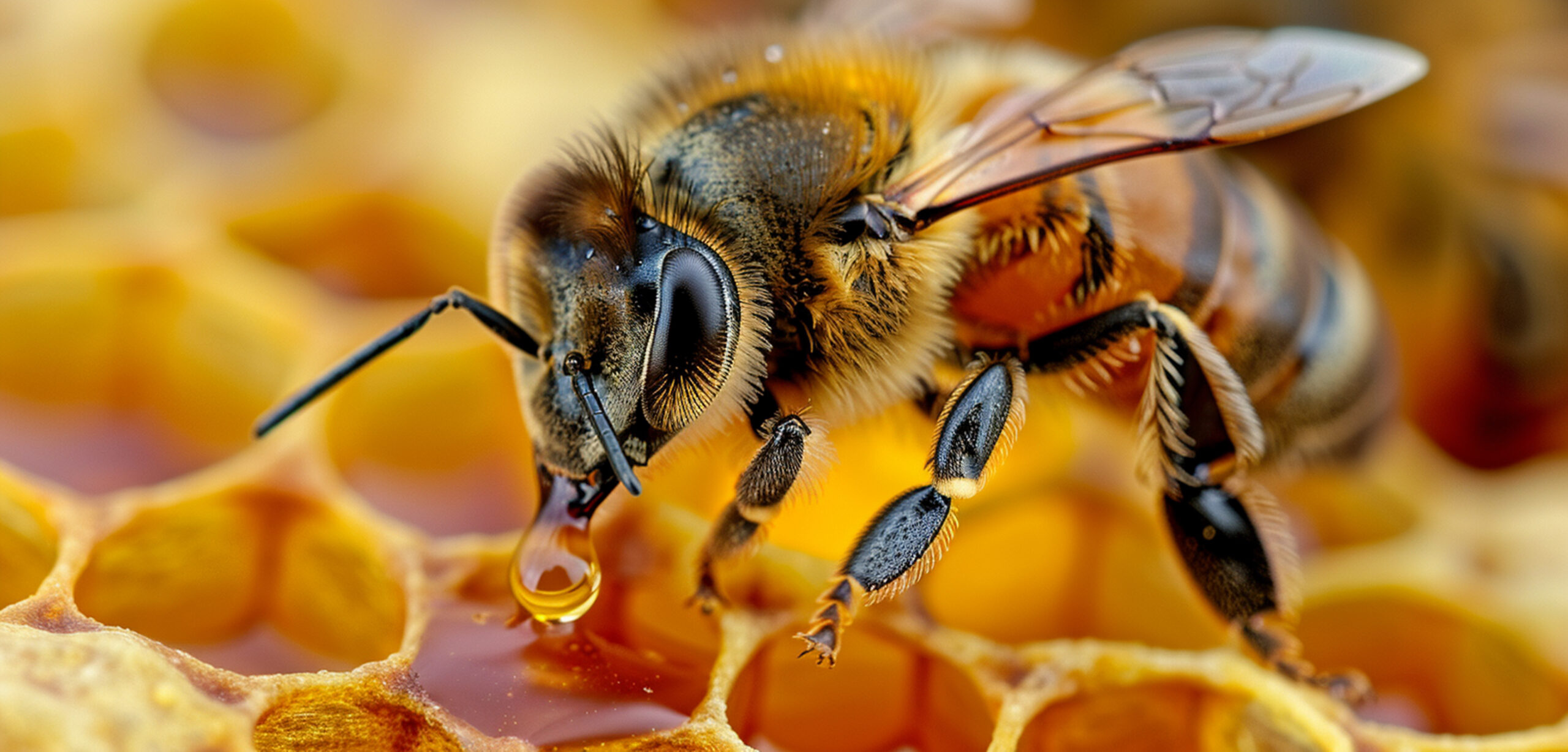 An extreme close-up of a bee carrying a droplet of nectar back to its hive, a vital process in the cycle of plant and insect biodiversity.