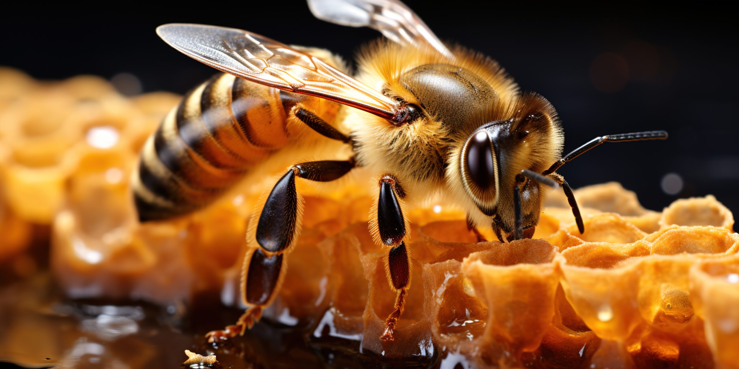 Macro shot capturing a honeybee on a golden honeycomb, showcasing intricate details of the insect Minimalistic Photo with copy space, award winning photograph, --no Text, Logo --chaos 75 --ar 2:1 --stylize 750 --iw 2 --v 5.2 Job ID: 898bcfe8-13d4-4ff1-89ca-b470a6d38624